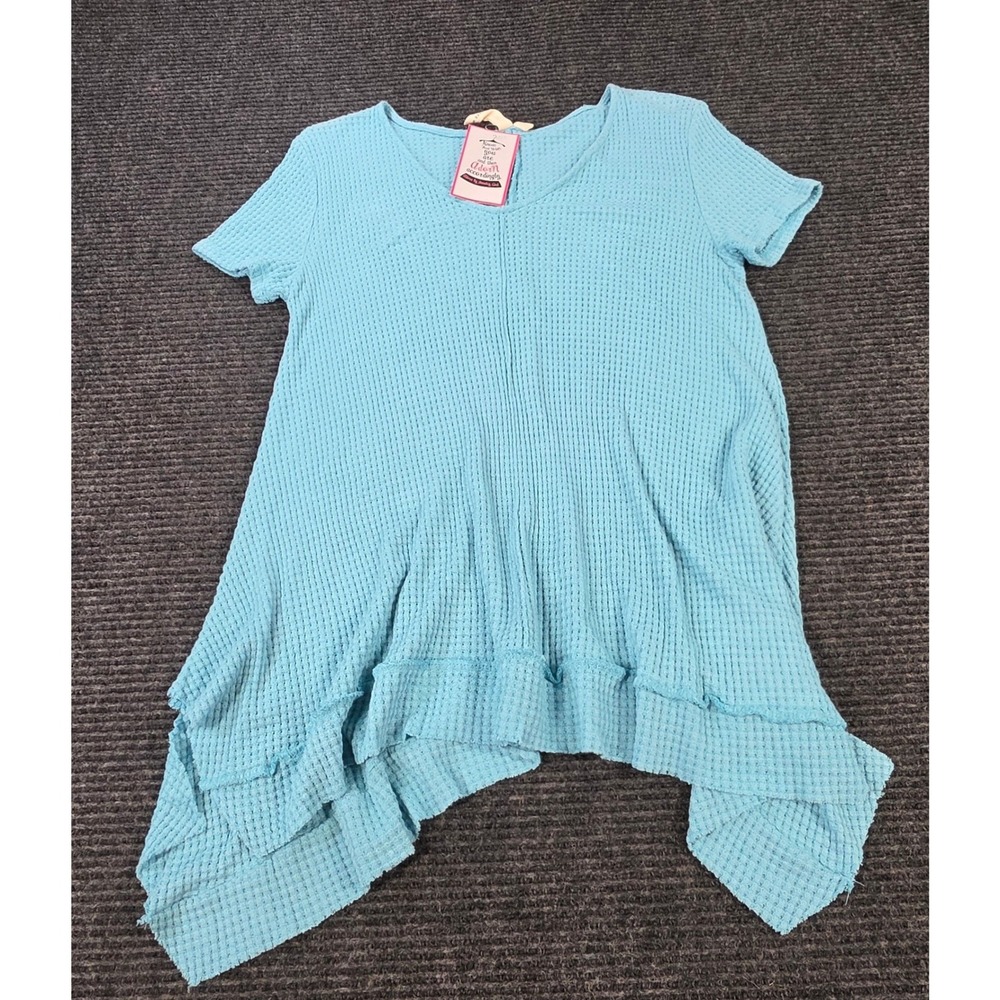 NEW Lazy Sundays Waffle Knit Tunic Womens Small Blue Sharkbite Hem Top
